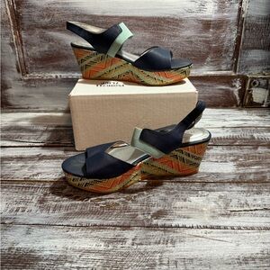 Me Too Navy and Mint Patterned Wedges